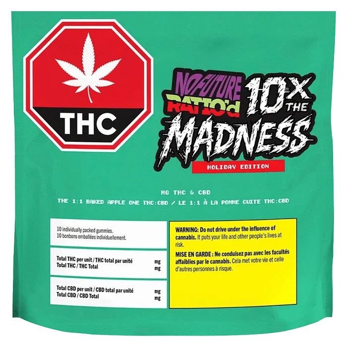 Front-facing green package showing a red THC stop-sign logo and bold graffiti text reading "10X The Madness: Ratio'd The 1:1 Baked Apple One CBD:THC Gummies."