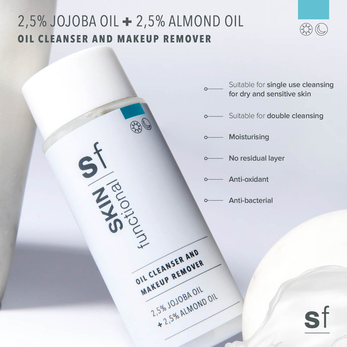 SKIN Functional Oil Cleanser and Makeup Remover with details skincare product on a light gray background