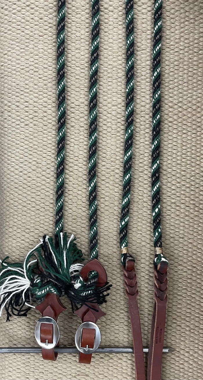 Split Reins - SR01 - 1/2"x7.5' 6-Strand Alpaca Black, Green, Grey and White