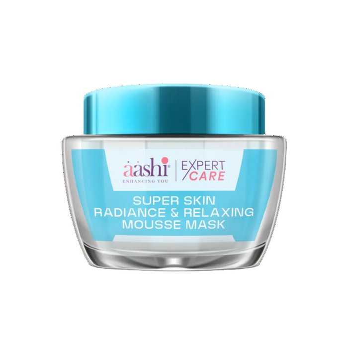 Aashi Super Skin Radiance & Relaxing Mousse Mask 15gm showcasing the luxurious hydrating formula designed to brighten and even out skin tone, featuring key ingredients like Durvillaea Antartica Extract and Sea Buckthorn Oil.
