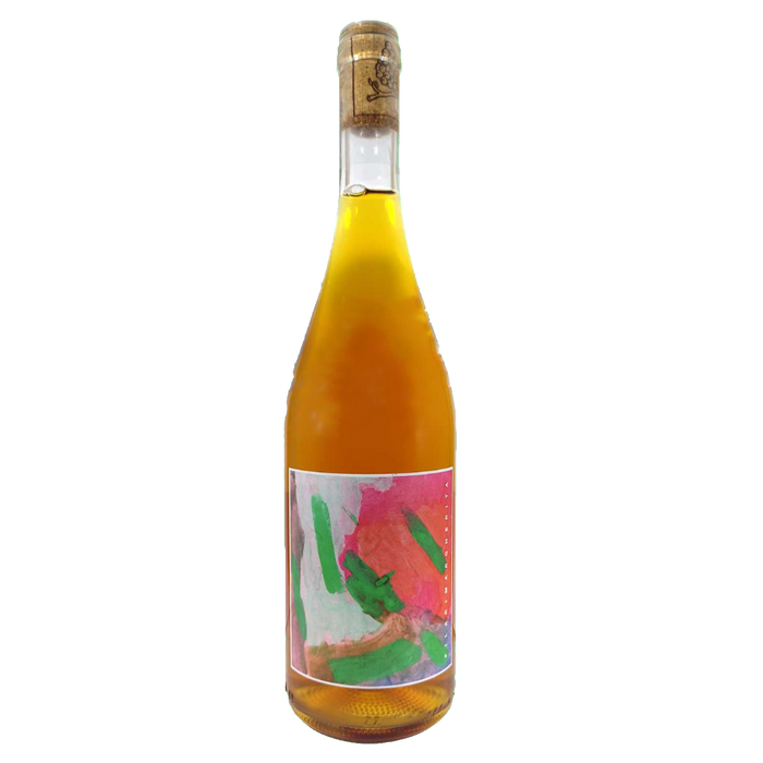 Amber wine bottle with cork and colorful front label