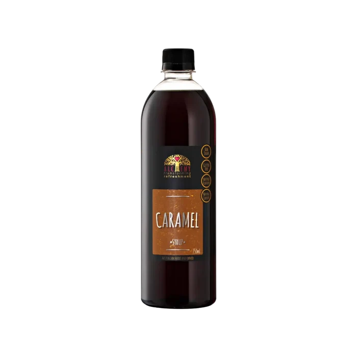 750ml bottle of caramel syrup with a label