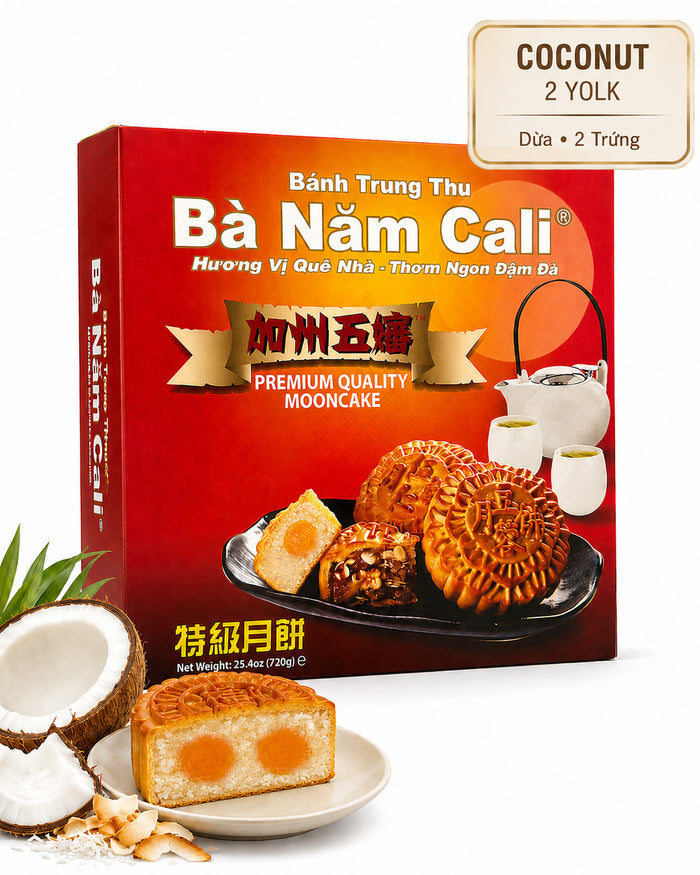 Traditional Ba Nam Cali Coconut Mooncake crafted for Mid-Autumn celebrations with tropical coconut taste 2 yolks
