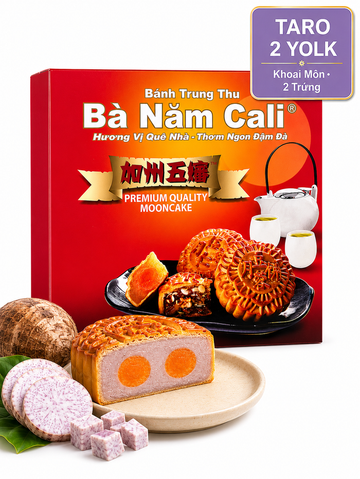 Traditional Ba Nam Cali Taro Mooncake showcasing a velvety purple taro center and golden crust 2 yolks