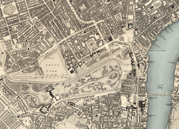 Big Old Map of London by C&J Greenwood, 1830 - Monochrome With Unique Blue Thames