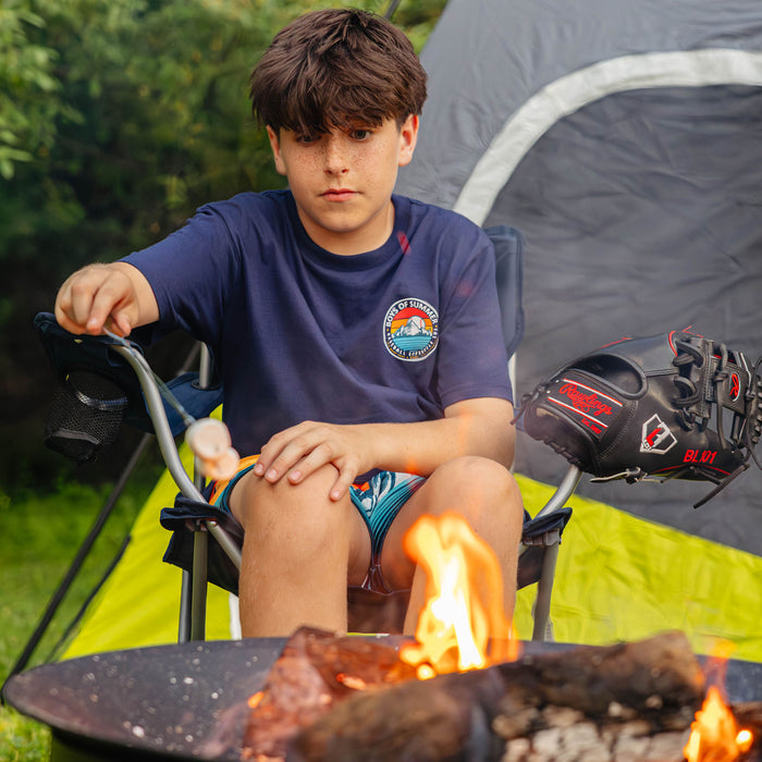Summer camping Sunrise baseball graphic tee roasting marshallows
