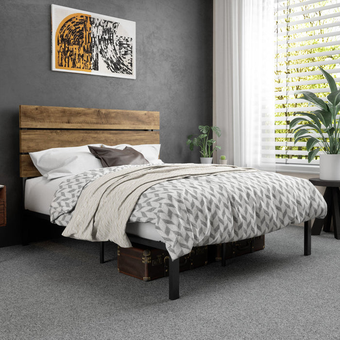 Cadre de lit plateforme en métal Paloma avec tête de lit en bois, sommier non requis, format Queen, marron foncé
