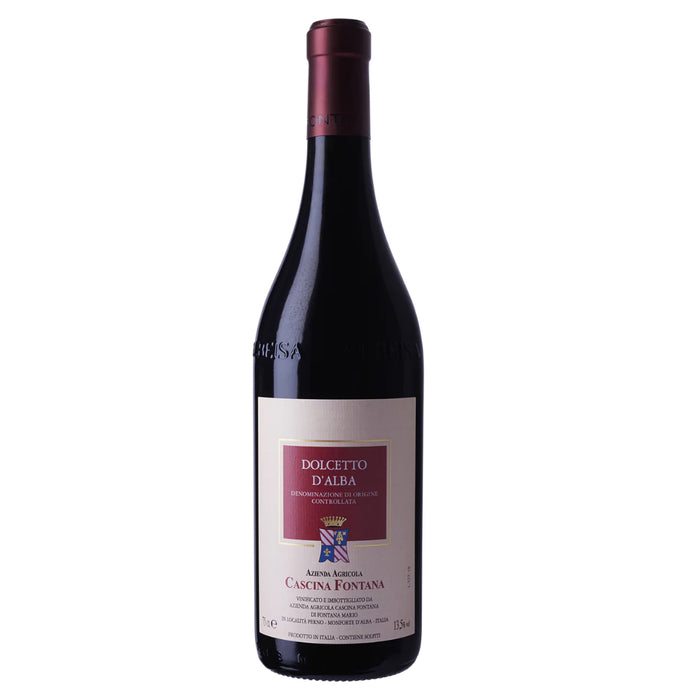 Burgundy red wine bottle with label reading Dolcetto d'Alba