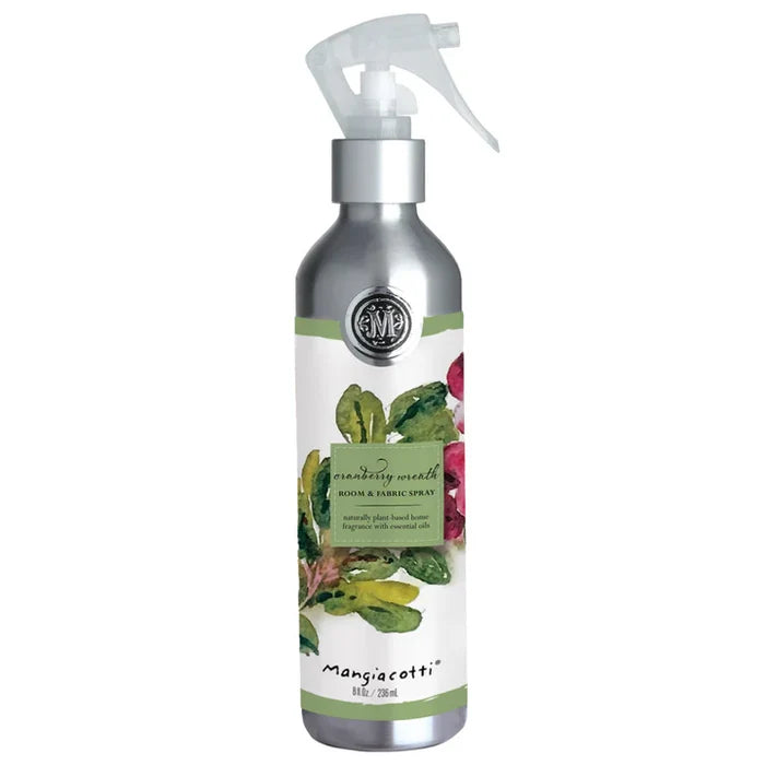 Photo shows an 8 oz. spray bottle of Mangiacotti Cranberry Wreath Room & Fabric Spray