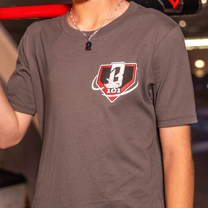 Youth model wearing gray Dream Chaser Red Eye youth graphic tee
