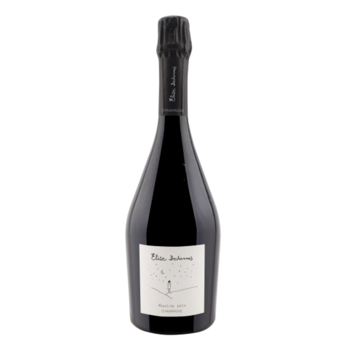 Elise Deschannes champagne bottle with dark glass and cream label