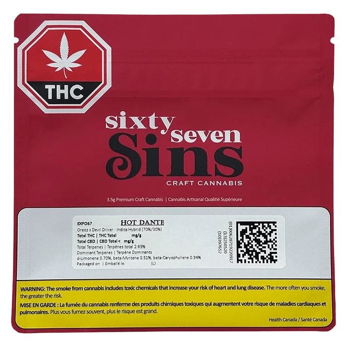 Flat front view of the red EXPO67 pouch featuring the "sixty seven Sins" logo, THC stop sign, product label and yellow warning strip
