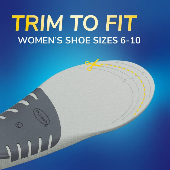 Flat Feet Support Insoles for Women by DrScholls shown with trim guide for womens shoe sizes 6 to 10