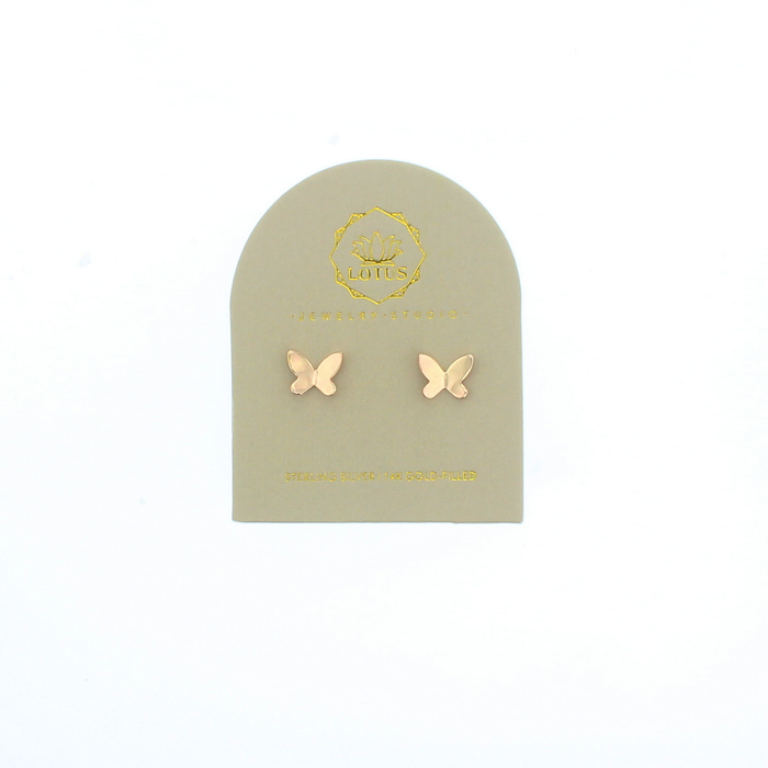 Gold butterfly stud earrings on display card, two small gold butterfly pairs