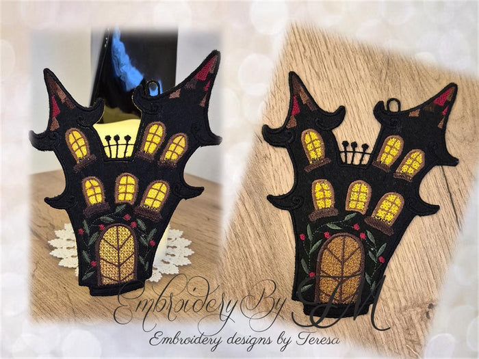 Halloween house No.2/combination of felt and lace/5x7 hoop/two variations
