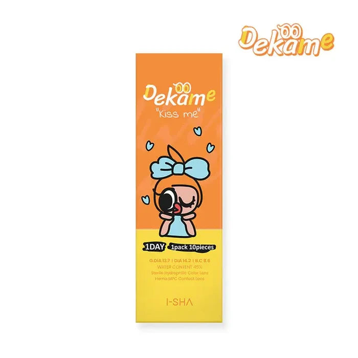 Packaging of EyeCandys i-Sha Dekame Kiss Me 1-Day Cloudy Ring Grey colored contact lenses, 10 pack