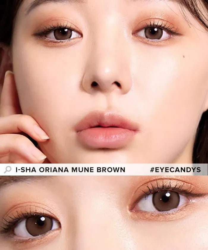 Model showcasing the natural look using i-Sha Oriana Mune Brown prescription colored contact lenses, above a closeup of a pair of eyes enhanced and widened by the circle lenses.