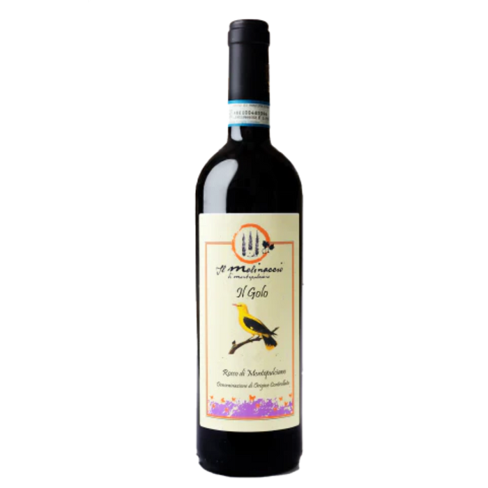 2022 red wine bottle with dark glass and label featuring bird illustration
