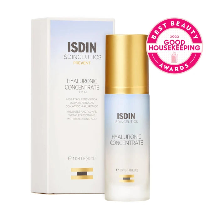 ISDIN Isdinceutics Hyaluronic Concentrate serum bottle and box with gold cap, 30 mL