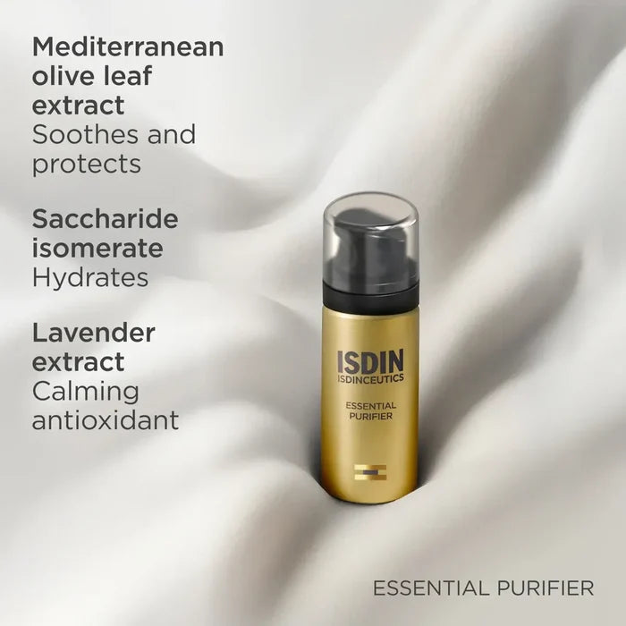 ISDIN Essential Purifier bottle with Mediterranean olive leaf, saccharide isomerate and lavender extracts