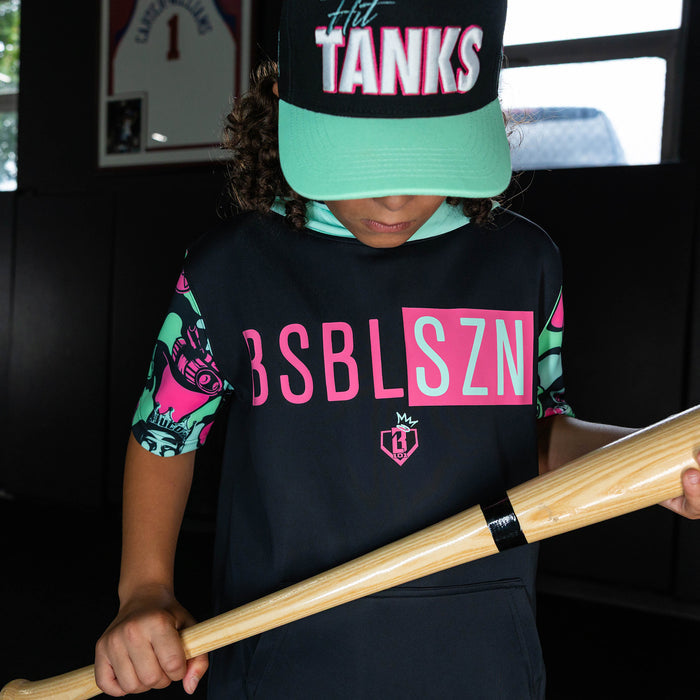 Youth model wearing black short sleeve hoodie with "King Of JUCO BSBL-SZN V3" design