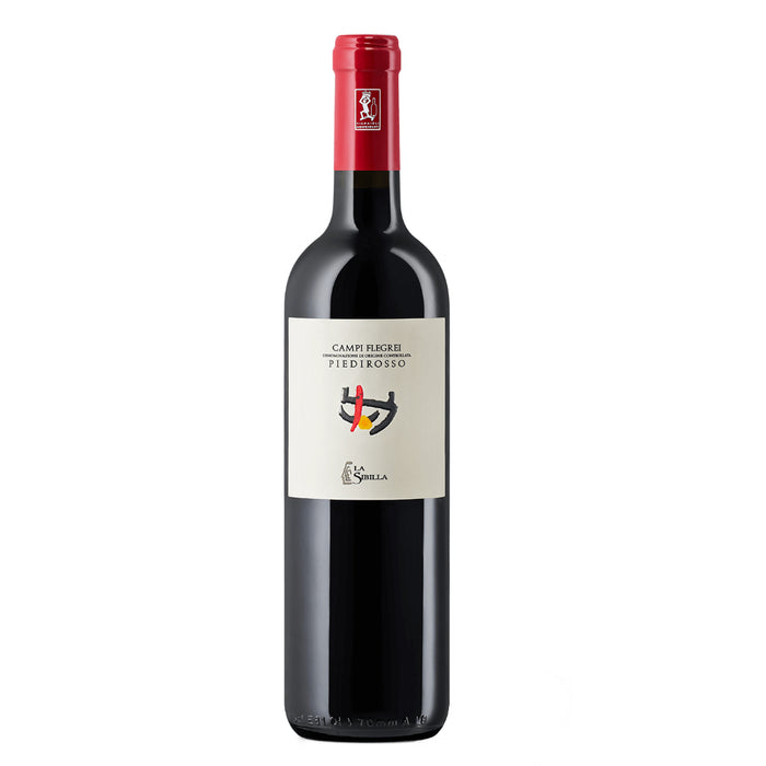 Red-capped wine bottle with dark glass and cream label reading Piedirosso