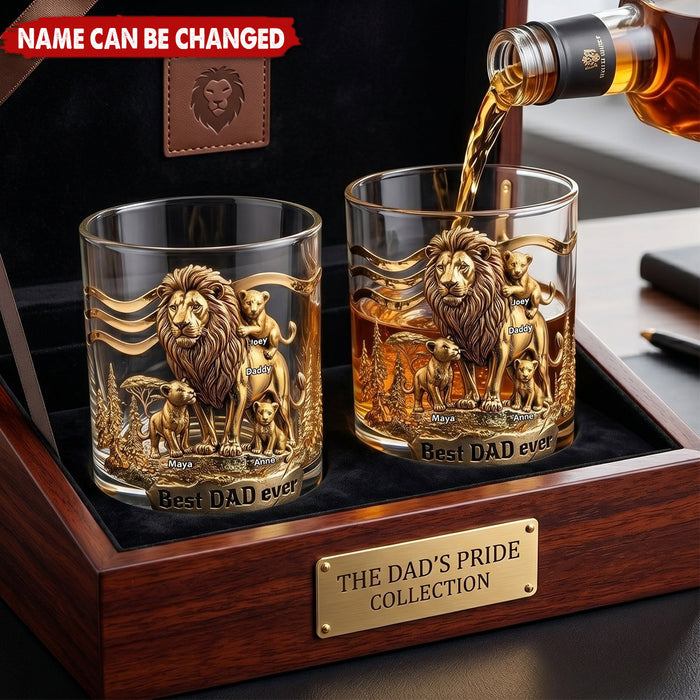 Lion Dad And Kids - Personalized Whiskey Glass, Father's Day Gift For Dad, Grandpa