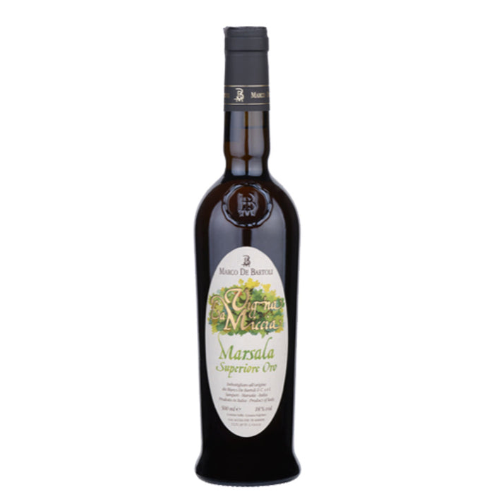 500 ml Marsala wine bottle with dark glass and green/gold label
