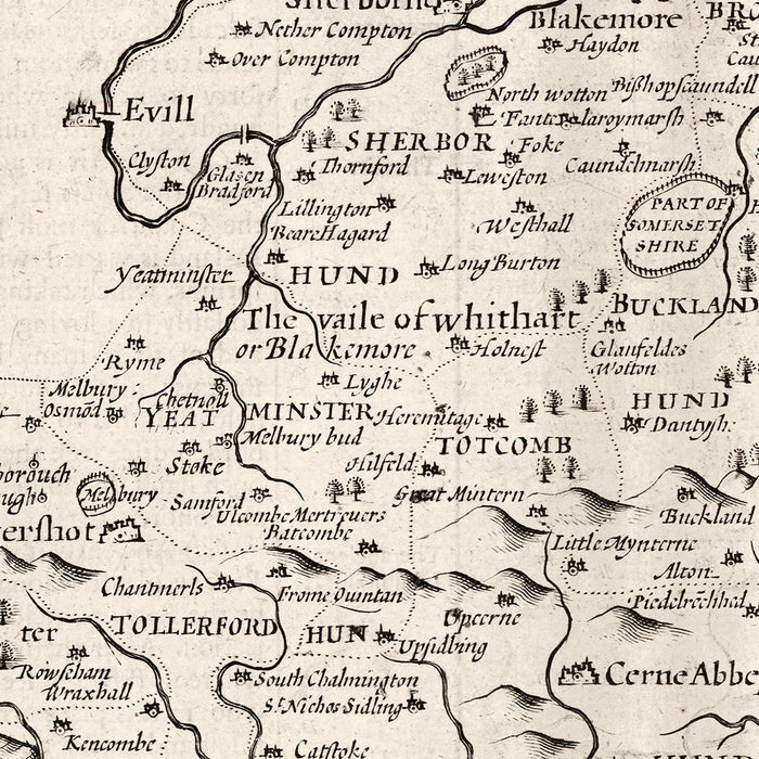 Old Map of Dorset in 1611 by John Speed - Poole, Weymouth, Dorchester, Bridport, Lyme Regis