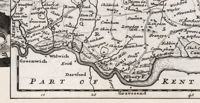 Old Map of Essex 1724, by Herman Moll - Southend, Colchester, Chelmsford, Basildon, Romford