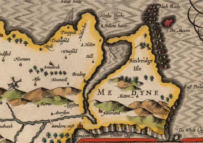 Old Map of Isle of Wight, 1611 by John Speed - Newport, Ride, Cowes, Sandown, Shanklin
