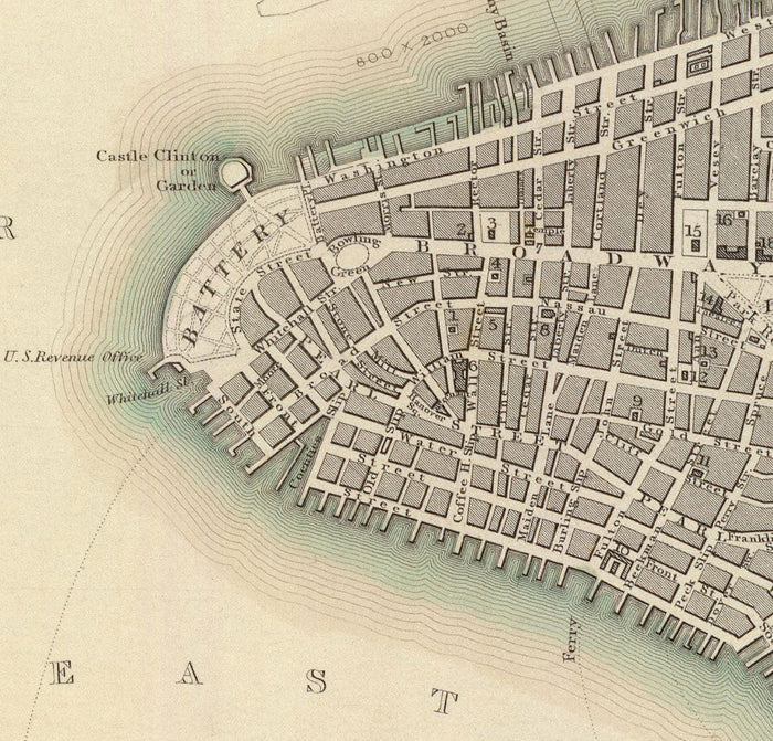 Old Map of New York, USA in 1840 - Manhattan, Brooklyn, Williamsburg, Hudson River