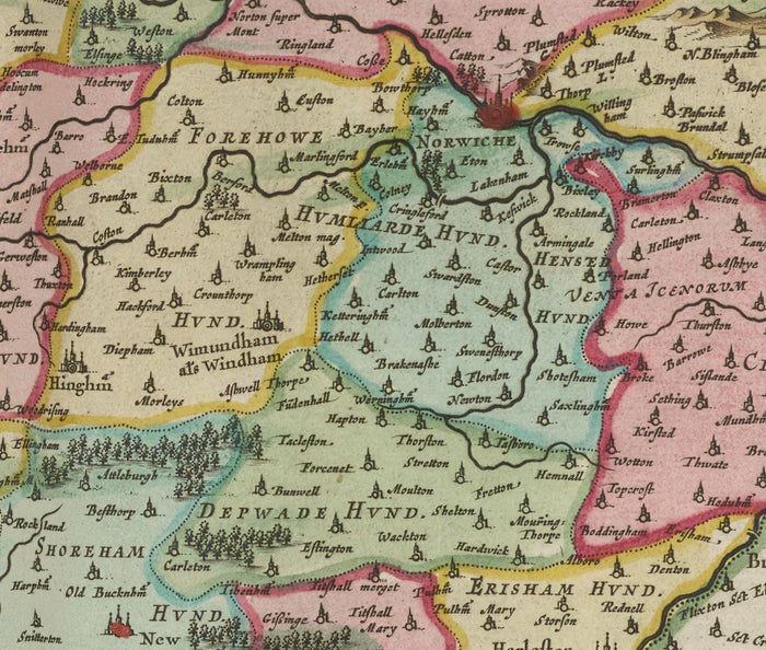 Old Map of Norfolk in 1665 by Joan Blaeu - Norwich, Great Yarmouth, King's Lynn, Thetford, Swaffham, Fakenham, East Anglia