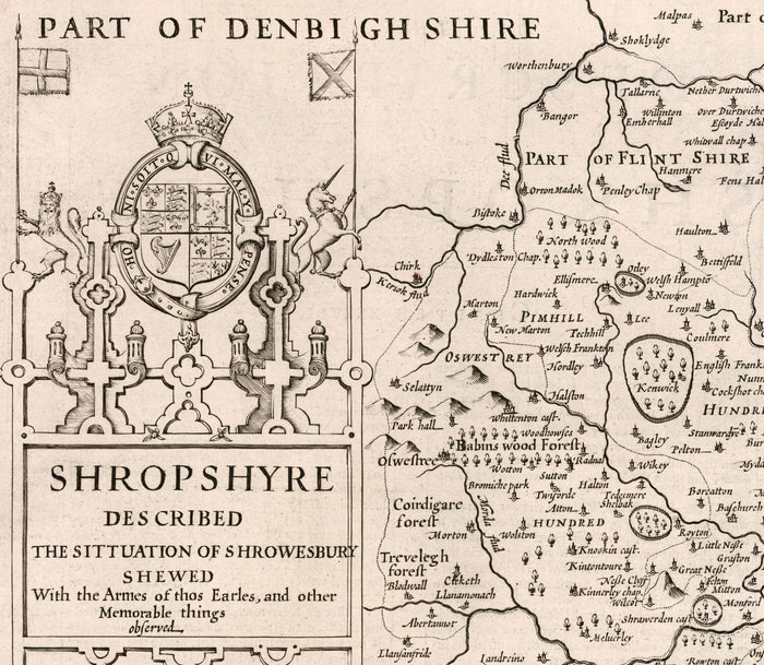 Old Map of Shropshire in 1611 by John Speed - Shrewsbury, Telford, Bridgnorth, Oswestry, Newport, Ludlow