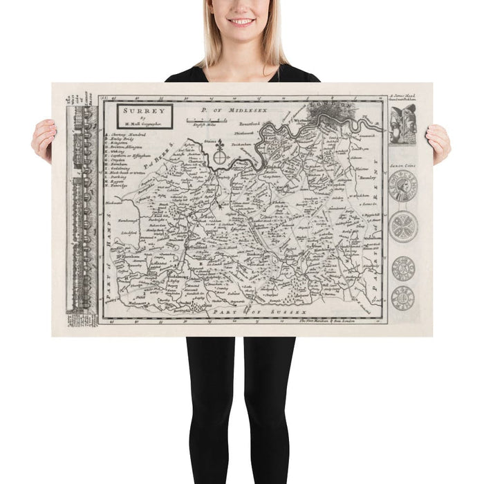 Old Map of Surrey 1724 by Herman Moll - Woking, Guildford, Croydon, Richmond, Lambeth, Southwark