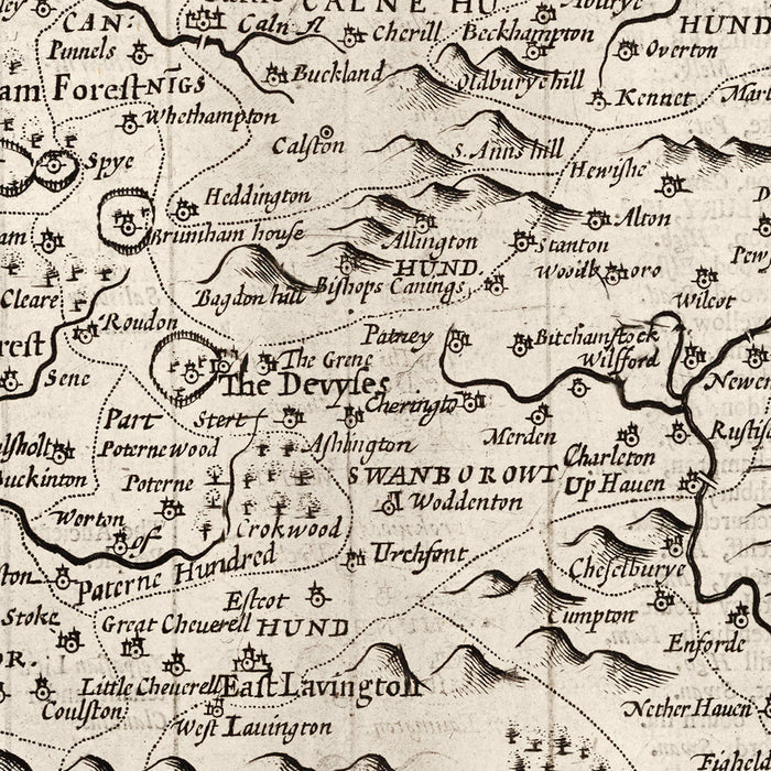 Old Map of Wiltshire in 1611 by John Speed - Salisbury, Stonehenge, Swindon, Trowbridge