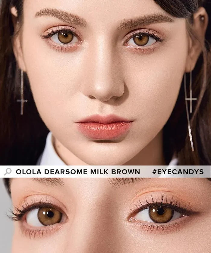 Close-up of a woman with fair skin wearing Olola Dearsome Milk Brown lenses by Olola, natural makeup, and cross earrings; lower image details her eyes and long lashes. Available in non-prescription and myopia prescription options.