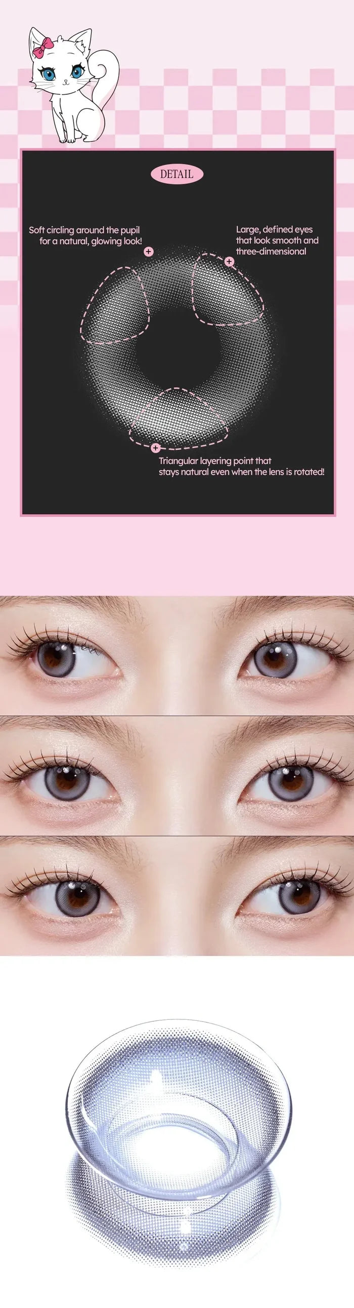Diagram showing contact lens design, three close-ups of brown eyes with increasing enlargement using Olola Meow Natural Coon Grey by Olola, and a lens close-up with a subtle brown ring pattern. Pink checkered background with cartoon cat.