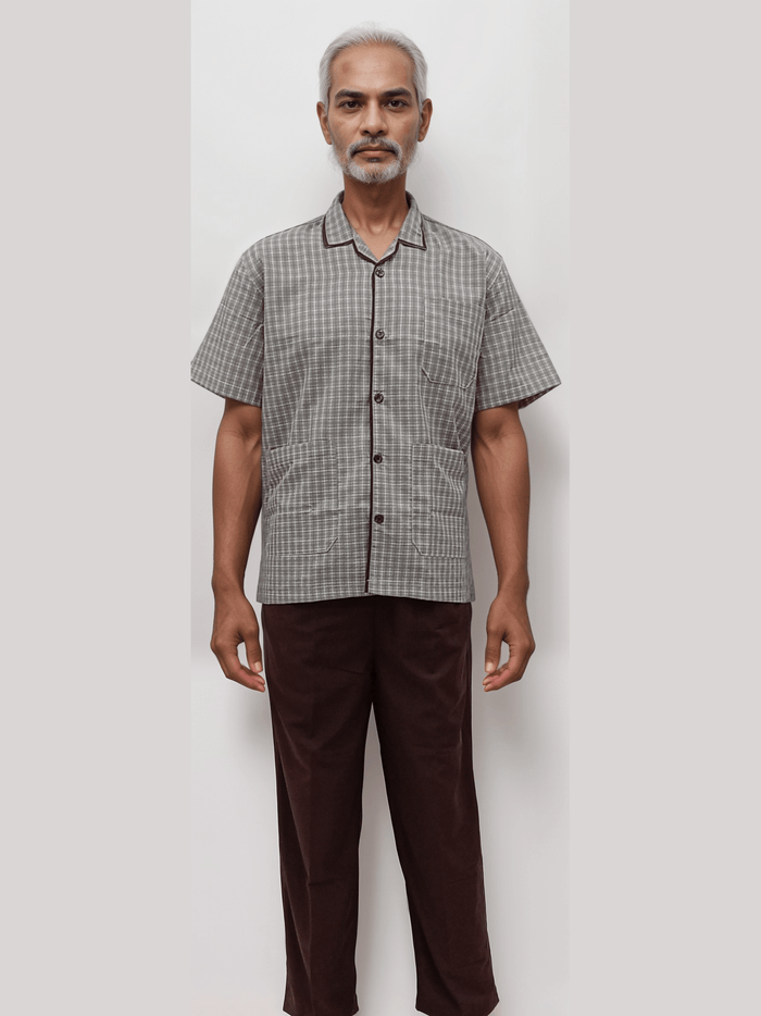 Patient Dress Beidge Checks Brown - J R GARMENTS