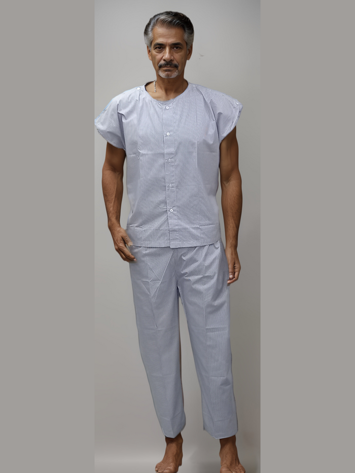 Patient Dress Blue Lining Shoulder Buttons - J R GARMENTS