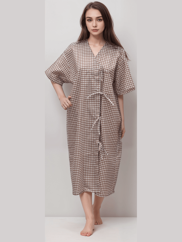 Patient Gown Nadi Brown Checks - J R GARMENTS