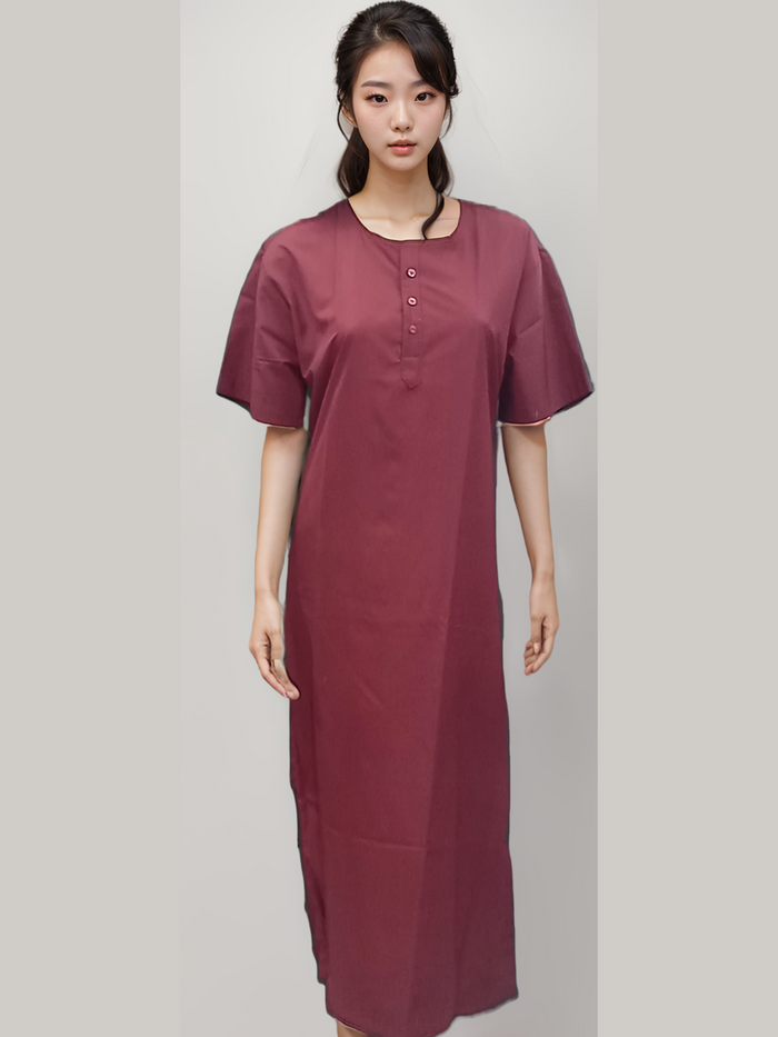 Patient Gown Maroon HICKORY - Comfortable & Durable 3 Button Medical Wear - J R GARMENTS