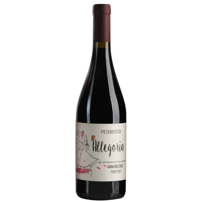 Pietraventosa Allegoria red wine bottle, 2021, front label with illustrated figures