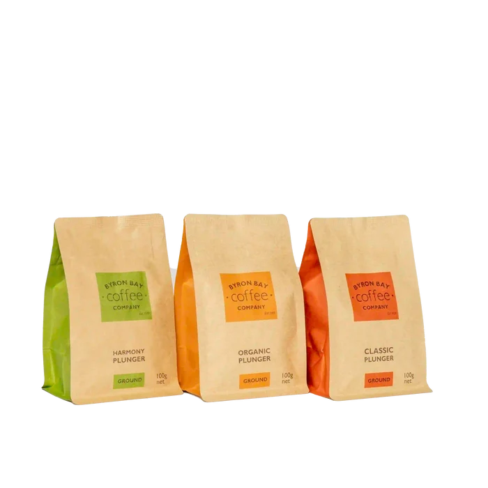 Three 100g coffee bags - plunger tasting set from Byron Bay Coffee Company.
