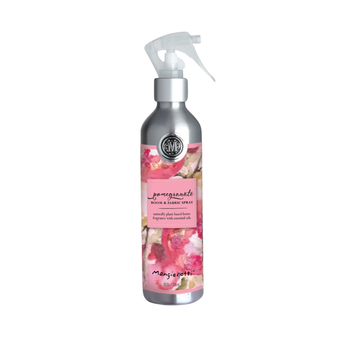 Photo showing an 8 oz. spray bottle of Mangiacotti Pomegranate scented room and fabric spray