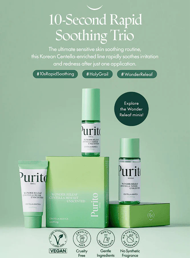 PURITO Wonder Releaf Centella Mini Kit Unscented بكج السنتيلا للعناية بالبشرة بالحجم الصغير من بيوريتو