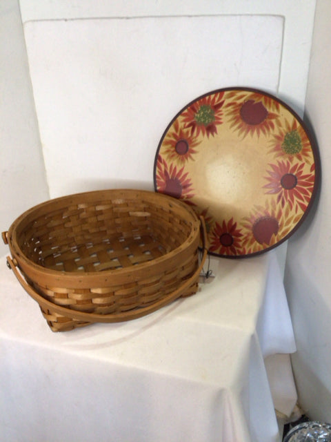 Round Tan Lidded Painted Basket