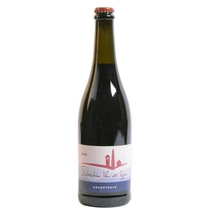Dark glass wine bottle with red foil cap, labeled Sebastian Van de Sype Lambrusco 2020