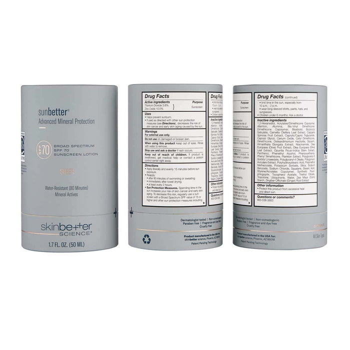 skinbetter sunbetter SHEER SPF 70 mineral sunscreen lotion tube, front and back views