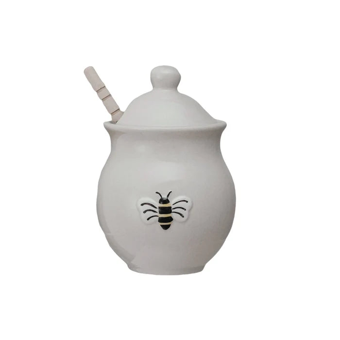 Stoneware Honey Jar With Embossed Bee & Wood Dipper